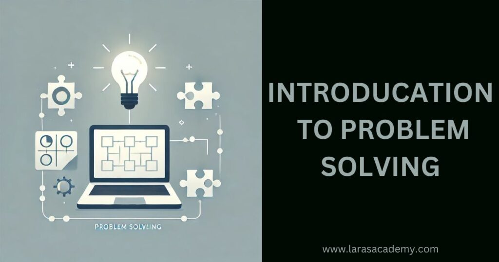 Minimalist illustration of a laptop with a glowing light bulb, puzzle pieces, and a flowchart, symbolizing problem-solving in Python programming for beginners.