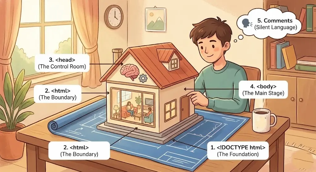 LarasAcademy student learning the basic structure of an HTML document using a house analogy. The image shows labels for 1. <!DOCTYPE html> (The Foundation), 2. <html> (The Boundary), 3. <head> (The Control Room), 4. <body> (The Main Stage), and 5. Comments (Silent Language).