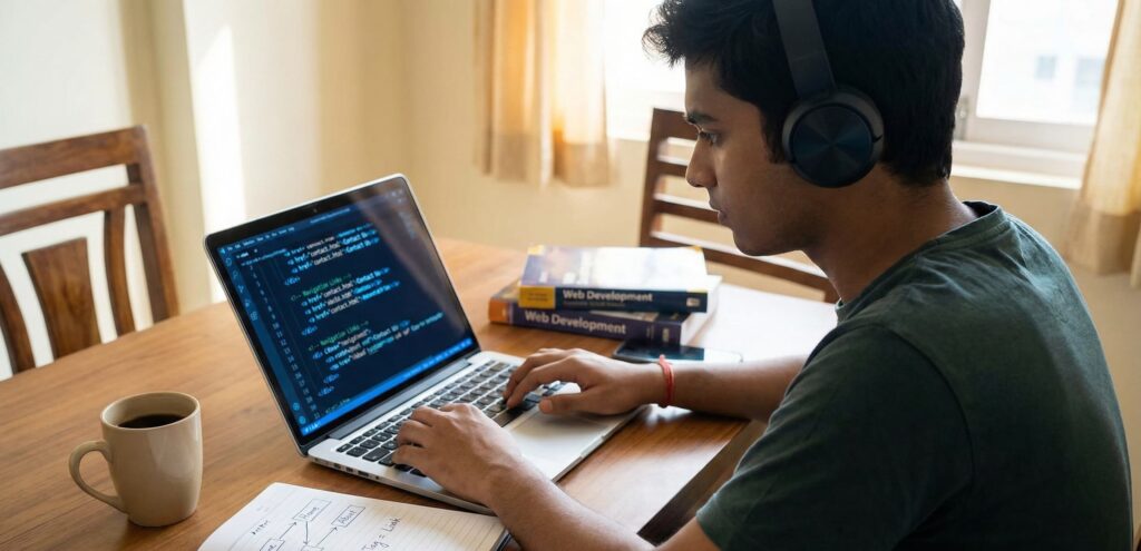 Student learning HTML Links and Navigation on a laptop with LarasAcademy branding, representing success in web development