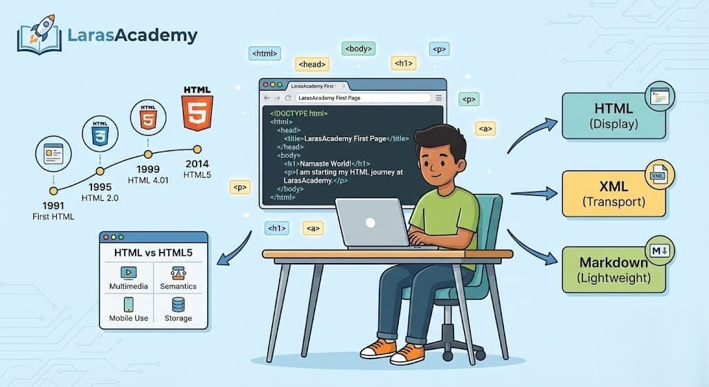 LarasAcademy student learning Introduction to HTML on a laptop showing basic code structure like Namaste World. The image includes an HTML evolution timeline from 1991 to HTML5, a comparison of HTML vs HTML5 features, and differences between HTML, XML, and Markdown